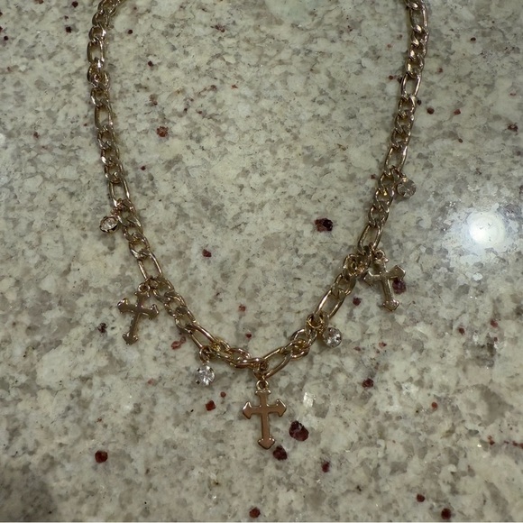 Gold Triple Cross with Rhinestone Chain Link Necklace - Picture 4 of 4